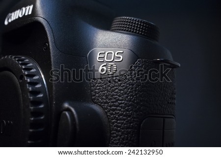 Close up Photo of Canon EOS 6D Logo with black background - FEB 23, 2014: the Canon EOS 6D is Canon's smallest and lightest full frame digital single-lens reflex camera.