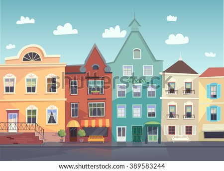 Sunny City street. Doors and windows boutiques, shops, background. Vector.