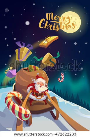 X-mas Card. Happy Santa with the bunch of presents riding on a sleigh at the winter forest. Polar Lights and moon at the background. Winter snowflakes. Merry Christmas Lettering.
