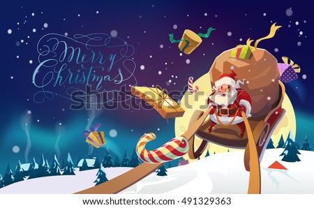 Santa with the bunch of presents riding on a sleigh in the winter forest. Polar Lights background. Winter village. Merry Christmas Lettering. Vector illustration.