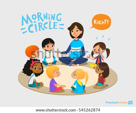 stock vector smiling kindergarten teacher talks to children sitting in circle and asks them questions preschool 545262874