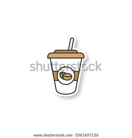 Iced Coffee Drink Patch Disposable Cup With Straw Color Sticker Vector Isolated Iced Coffee Drink Patch Disposable Cup With Straw Color Sticker Vector Isolated