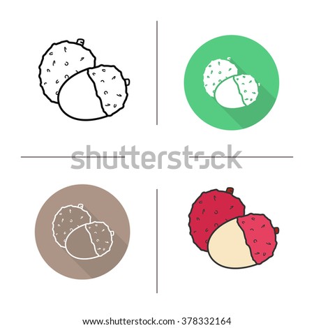 Lychee flat design, linear and color icons set. Ripe lichee icons. Sweet tropical fruit. Peeled lychee fruit. Long shadow logo concept. Isolated liechee vector illustrations. Infographic elements