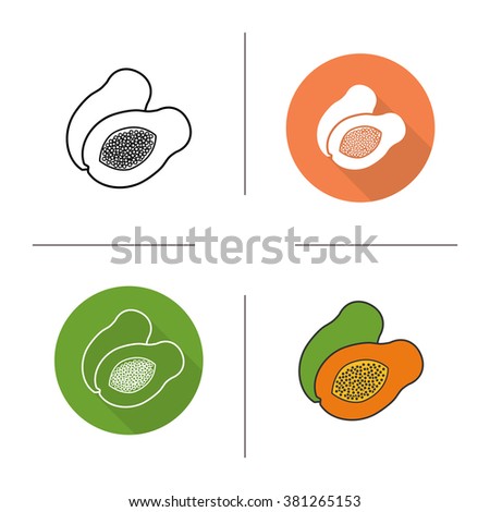 Papaya flat design, linear and color icons set. Pawpaw in different styles. Sliced papaya icons. Tropical fruit. Long shadow logo concept. Papaya isolated vector illustrations. Infographic elements