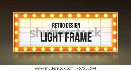 Retro banner with bulbs for your projects. Light banner, vintage billboard or bright signboard. Cinema or theatre lightbox frame for ads. Light sign in bright design. Modern vector illustration.