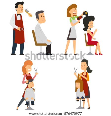 barber cuts my hair and puts customers. vector illustration