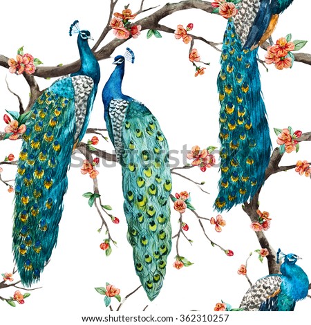 watercolor pattern peacock lover, blooming cherry trees, small flowers of sakura, retro wallpaper white background
