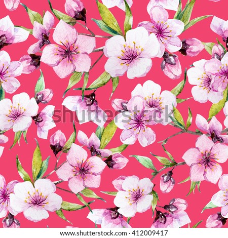watercolor pattern spring, cherry blossoms, blossoming peach, delicate pink flowers, cherry tree, pink background