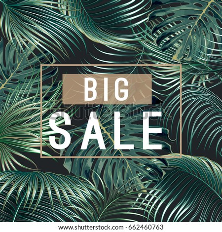 Sale banner, poster with palm leaves, jungle leaf. Beautiful vector floral tropical summer background