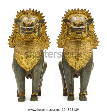 Ancient Traditional Thai Lion Statue On Stock Photo (Royalty Free ...