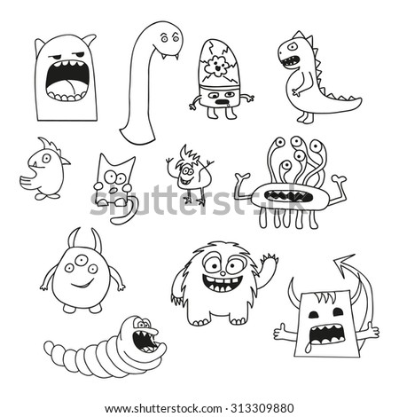 Set Doodle Monsters Icons White Black Stock Vector 313309880 - Shutterstock