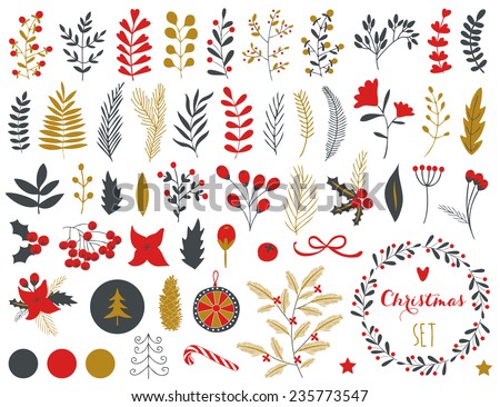 Collection of Vintage Merry Christmas And Happy New Year flowers. Greeting stylish illustration of winter romantic flowers, berries, leafs, wreaths, laurel. Good for cards or posters
