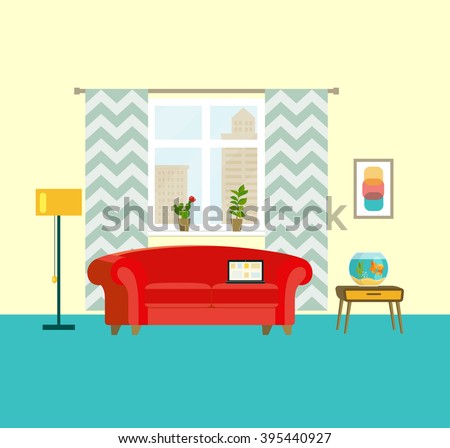 flat retro interior living room with red sofa, window, aquarium with goldfish and houseplant. Urban landscape vector illustration