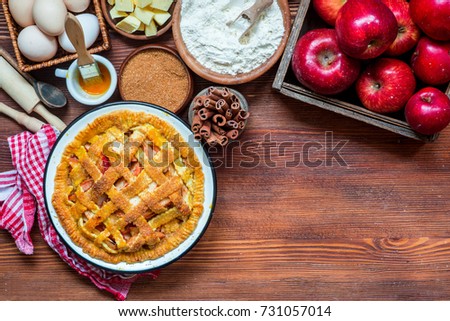Cooking Baking Concept Making Rustic American Style Apple Pie Baked Top View Cooking Baking Concept Making Rustic American Style Apple Pie Baked Top View