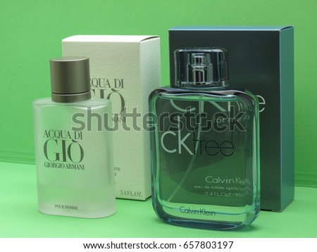PARIS, FRANCE - CIRCA MAY 2017: Armani Acqua di Gio, Calvin Klein free for men eau de toilette, evergreen bestselling perfumes worldwide