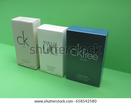 PARIS, FRANCE - CIRCA MAY 2017: Calvin Klein One, Armani Acqua di Gio, ck free for men eau de toilette, evergreen bestselling perfumes worldwide