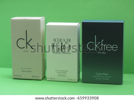 PARIS, FRANCE - CIRCA MAY 2017: Calvin Klein One, Armani Acqua di Gio, ck free for men eau de toilette, evergreen bestselling perfumes worldwide
