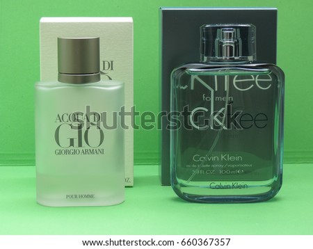PARIS, FRANCE - CIRCA MAY 2017: Armani Acqua di Gio, Calvin Klein free for men eau de toilette, evergreen bestselling perfumes worldwide