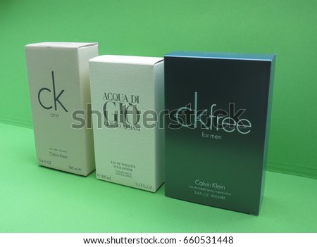 PARIS, FRANCE - CIRCA MAY 2017: Calvin Klein One, Armani Acqua di Gio, ck free for men eau de toilette, evergreen bestselling perfumes worldwide