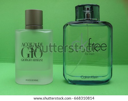 PARIS, FRANCE - CIRCA MAY 2017: Armani Acqua di Gio, Calvin Klein free for men eau de toilette, evergreen bestselling perfumes worldwide