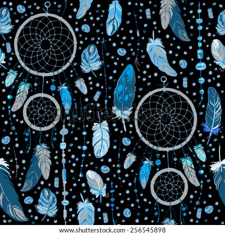 Pattern Of Dream Catcher And Feathers Beads On A Background Ethnic Seamless In Pattern Of Dream Catcher And Feathers Beads On A Background Ethnic Seamless In
