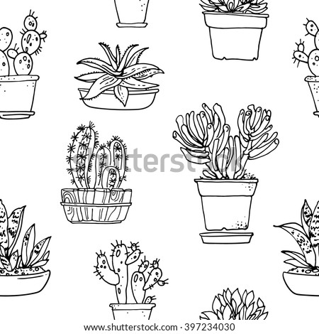 Pattern Flowers Pots Painted Black Line Stock Vector 397234030