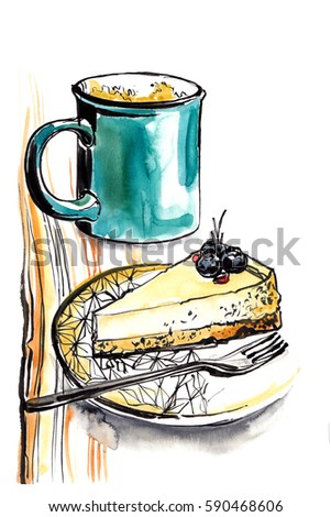 A Cup Of Coffee And Piece Cheesecake On Plate Drawing With Ink A Cup Of Coffee And Piece Cheesecake On Plate Drawing With Ink