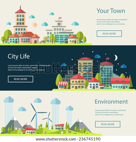Set of vector illustration of flat design urban landscape compositions