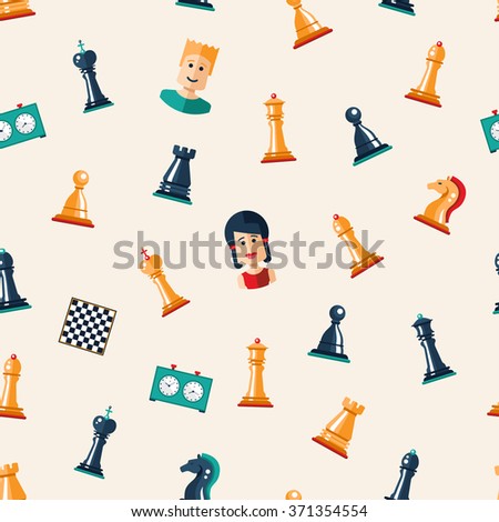 Seamless pattern of vector flat design isolated named chess icons. Collection of the king, queen, bishop, knight, rook, pawn, board, clock and players