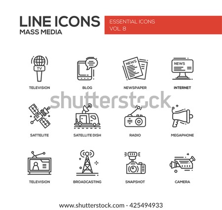 Set of modern vector plain simple line design mass media icons and pictograms. Tv, newspaper, blog, internet, radio satellite, megaphone, broadcasting, camera, snapshot