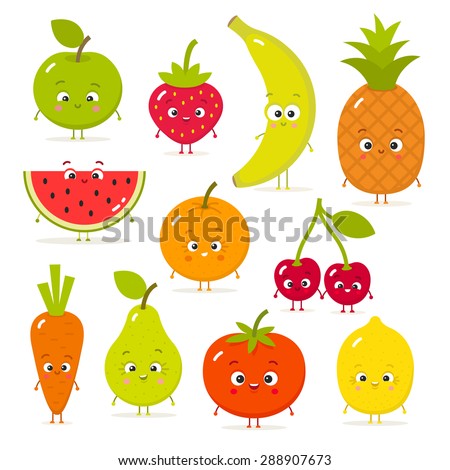Cartoon fruits and vegetables with eyes in flat style. Strawberry, banana, apple, pineapple, carrot, tomato, cherry, lemon