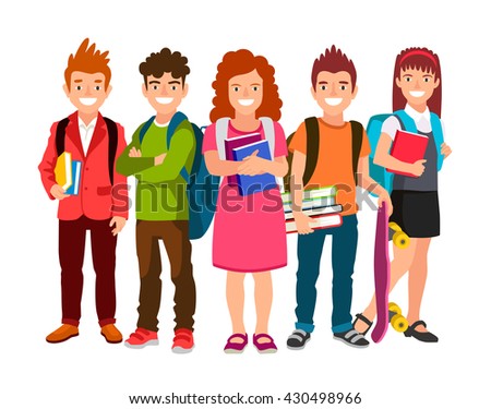 Funny Group Schoolchildren Backpacks Textbooks Three Stock Vector ...