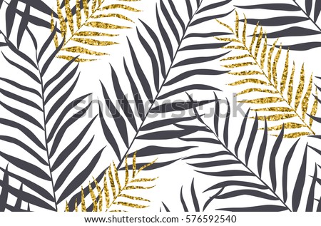 Seamless pattern with banana and golden palm leaves in vector