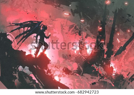 black devil standing on ruins of building against burning city, digital art style, illustration painting black devil standing on ruins of building against burning city, digital art style, illustration painting