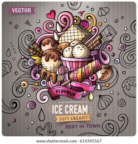 Ice Cream cartoon vector doodle illustration. Colorful detailed design with lot of objects and symbols. All elements separate