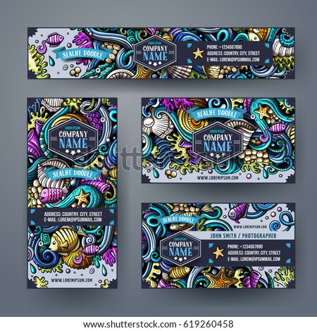 Corporate Identity vector templates set design with doodles hand drawn Underwater life theme. Colorful banner, id cards, flayer design. Templates set