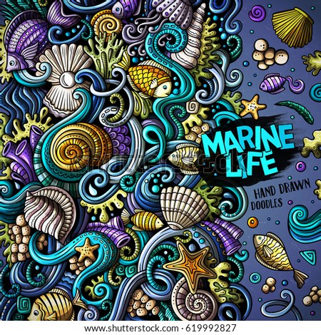 Cartoon hand-drawn doodles on the subject of Underwater life frame border. Colorful detailed, with lots of objects vector background