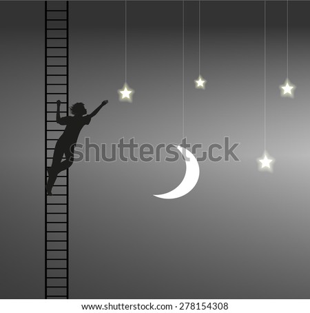 boy trying to take the star, ladder to the heavens, on the heavens, dream, shadows