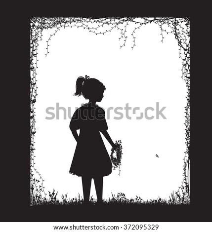 small girl holding the field flower wreath, black and white, childhood memory, vector