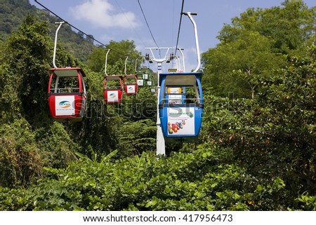 TAY NINH, VIETNAM - APRIL 19, 2016:Cable car up the mountain of the Black Woman, Nui Ba Den volcanic cone, Tay Ninh, Vietnam, Asia