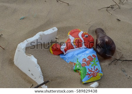 FEBRUARY 19,2017 ISTANBUL Many kind of waste on the beach.Environmental pollution.