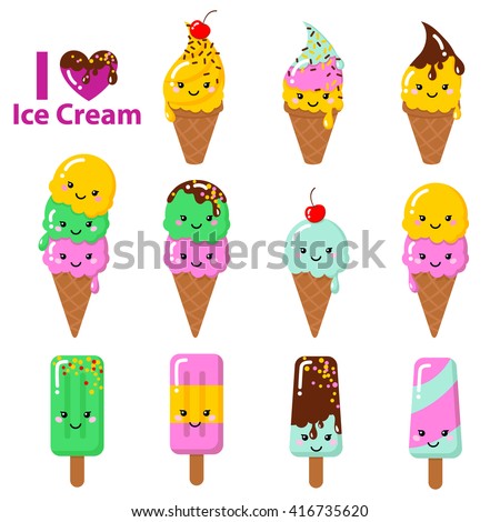 Set of Vector illustration of cartoon funny ice creams with happy smiling faces for kids designs and decorations, isolated on white