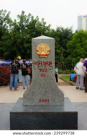 Laocai, Vietnam, October 22, 2014. Vietnam- China border marker between Laocai Province, Vietnam and Yunnan Province, China.
