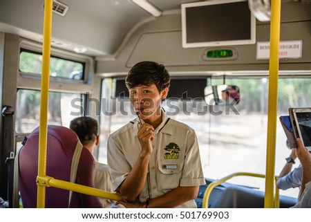 Phu Quoc, Vietnam 10 March 2016: male instructor guiding tourists Vinpearl Safari, Phu Quoc Island, Vietnam