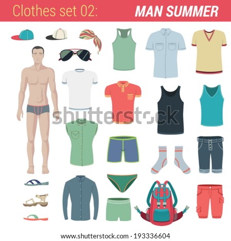 Man Summer Clothing Vector Icon Set Pants Trunks Socks Hat T Man Summer Clothing Vector Icon Set Pants Trunks Socks Hat T