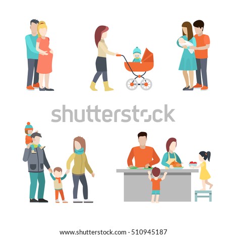 Flat Family cooking, having fun, baby in pram, pregnant woman in husband hands vector illustration set. Casual life, seasons parenting people icons collection concept.