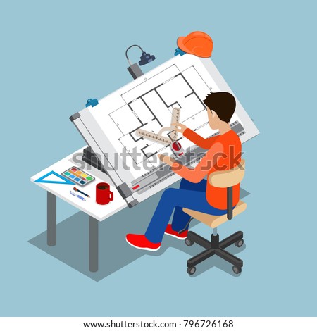 Flat style isometric 3d drawing architect board table multipurpose vector illustration. Man creator drafting. Architectural desk for sketching. Large sheet of paper, ruler architect workplace