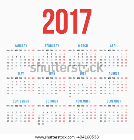 Calendar for 2017 Year on White Background. Week Starts Monday. Simple Vector Template. Stationery Design Template