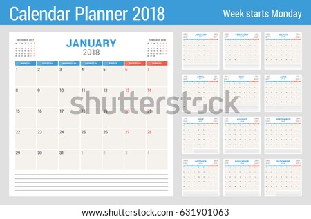 Calendar planner for 2018 year. Vector design print template. Week starts on Monday. Stationery design. Blue and red colors