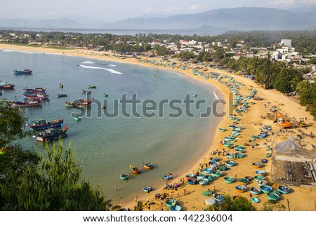 Quynhon, Vietnam - Apr 1,2016: Aerial view of Quy Nhon beach with curved shore line in Binh Dinh province, Vietnam.